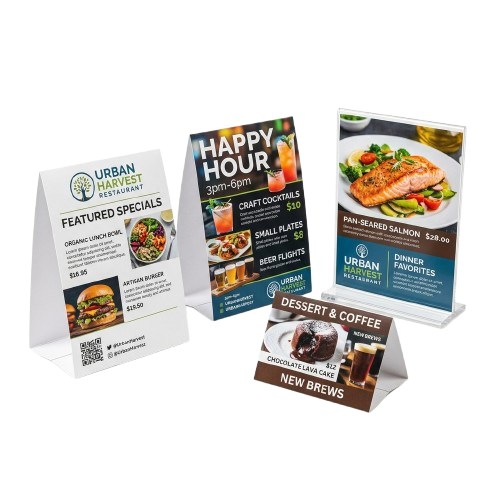 Promotional tent cards and acrylic stands